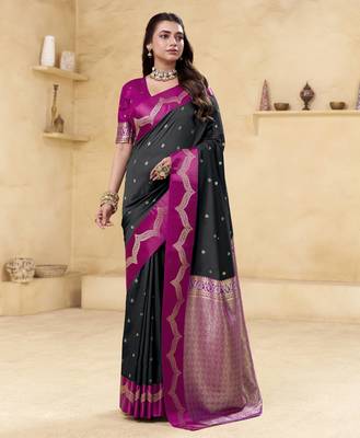 black satin silk blend woven saree with unstitched blouse piece 1