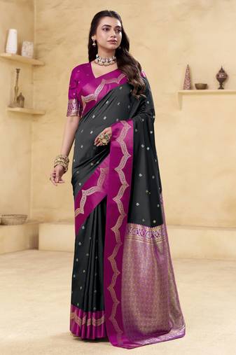 black satin silk blend woven saree with unstitched blouse piece