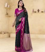 black satin silk blend woven saree with unstitched blouse piece