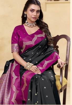 black satin silk blend woven saree with unstitched blouse piece 2