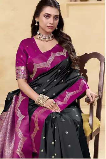 black satin silk blend woven saree with unstitched blouse piece