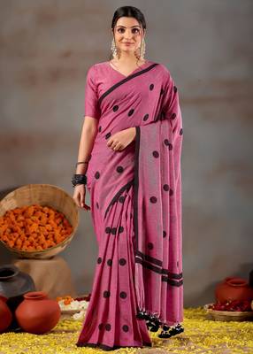 Raag varnam pink handloom print cotton saree 4