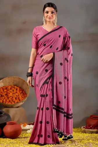 Raag varnam pink handloom print cotton saree