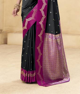 black satin silk blend woven saree with unstitched blouse piece 3