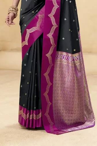 black satin silk blend woven saree with unstitched blouse piece