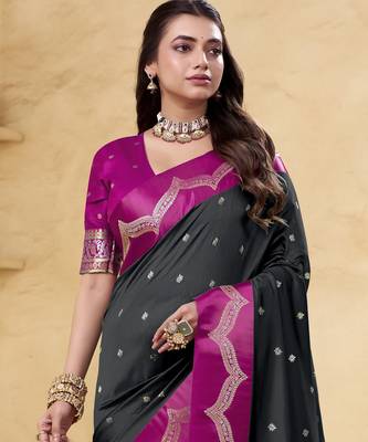 black satin silk blend woven saree with unstitched blouse piece 4