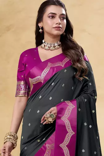 black satin silk blend woven saree with unstitched blouse piece