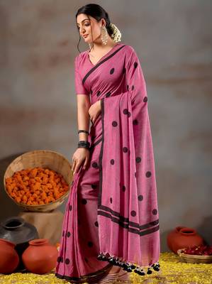 Raag varnam pink handloom print cotton saree 6