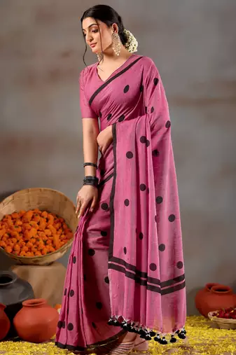 Raag varnam pink handloom print cotton saree