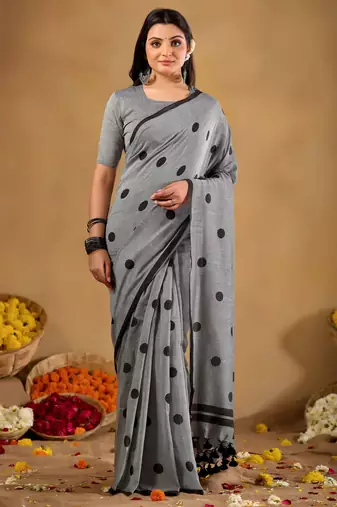 Raag varnam grey handloom print cotton saree