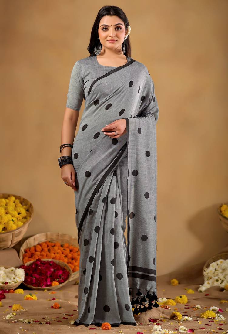 Raag varnam grey handloom print cotton saree