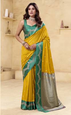 yellow satin silk blend woven saree with unstitched blouse piece 1