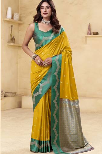 yellow satin silk blend woven saree with unstitched blouse piece