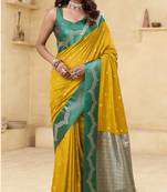 yellow satin silk blend woven saree with unstitched blouse piece