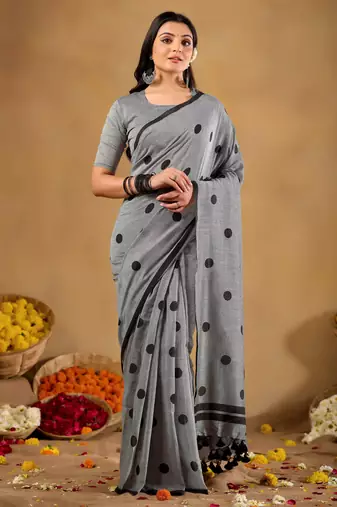 Raag varnam grey handloom print cotton saree