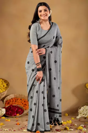 Raag varnam grey handloom print cotton saree
