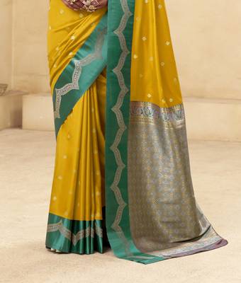 yellow satin silk blend woven saree with unstitched blouse piece 3