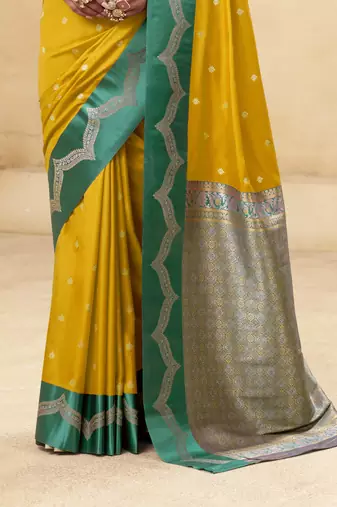 yellow satin silk blend woven saree with unstitched blouse piece