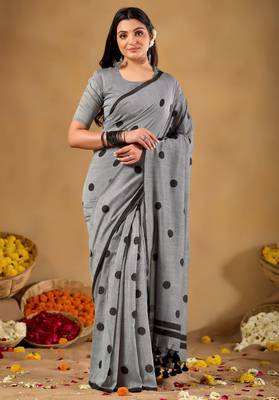 Raag varnam grey handloom print cotton saree 5