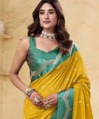 yellow satin silk blend woven saree with unstitched blouse piece 4