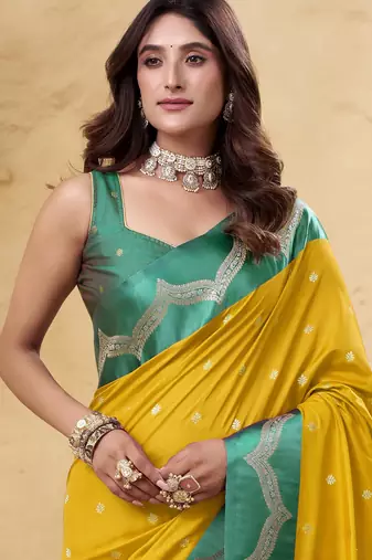yellow satin silk blend woven saree with unstitched blouse piece