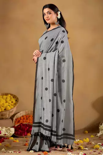 Raag varnam grey handloom print cotton saree