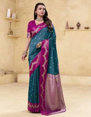 teal satin silk blend woven saree with unstitched blouse piece 1
