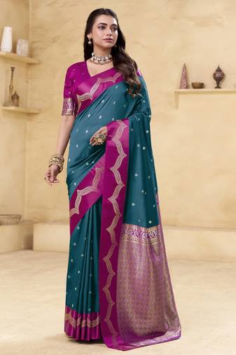 teal satin silk blend woven saree with unstitched blouse piece