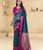 teal satin silk blend woven saree with unstitched blouse piece