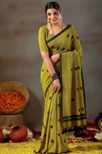 Raag varnam mehandi green handloom print cotton saree