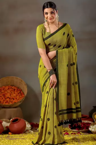 Raag varnam mehandi green handloom print cotton saree