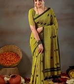 Raag varnam mehandi green handloom print cotton saree