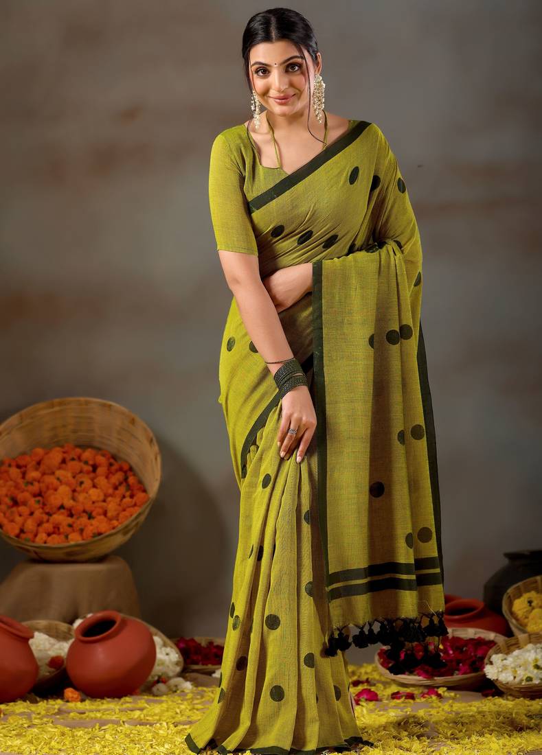 Raag varnam mehandi green handloom print cotton saree