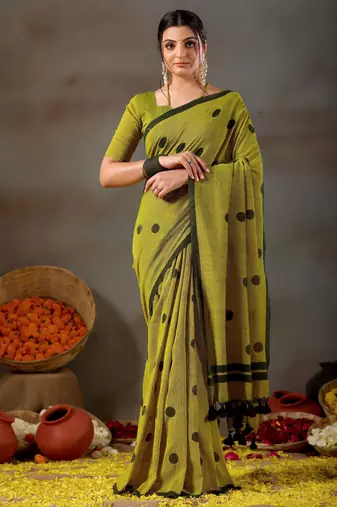 Raag varnam mehandi green handloom print cotton saree