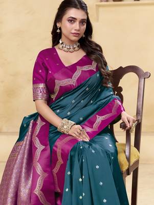 teal satin silk blend woven saree with unstitched blouse piece 2