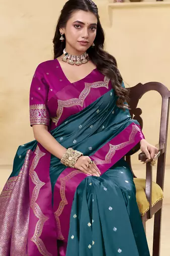 teal satin silk blend woven saree with unstitched blouse piece