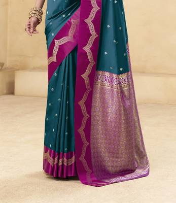 teal satin silk blend woven saree with unstitched blouse piece 3