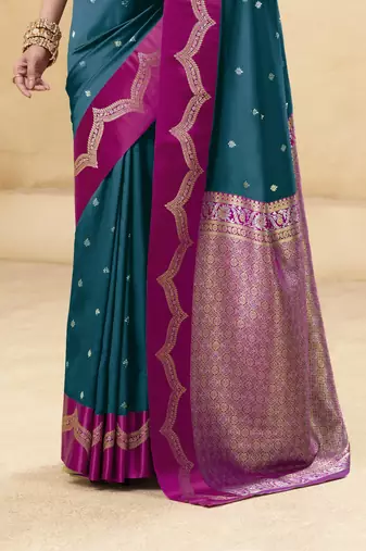 teal satin silk blend woven saree with unstitched blouse piece