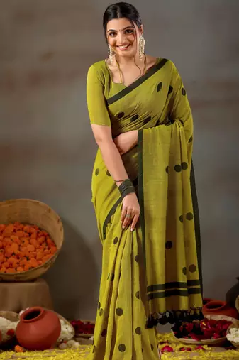 Raag varnam mehandi green handloom print cotton saree