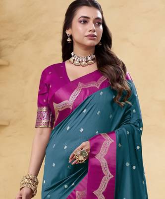 teal satin silk blend woven saree with unstitched blouse piece 4