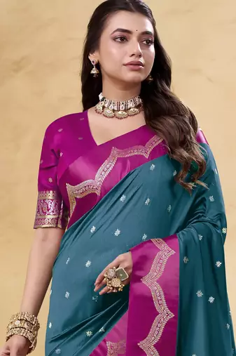 teal satin silk blend woven saree with unstitched blouse piece
