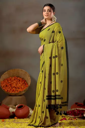 Raag varnam mehandi green handloom print cotton saree