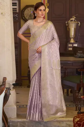 lavender satin banarasi silk blend woven saree with unstitched blouse piece