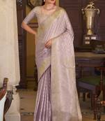 lavender satin banarasi silk blend woven saree with unstitched blouse piece