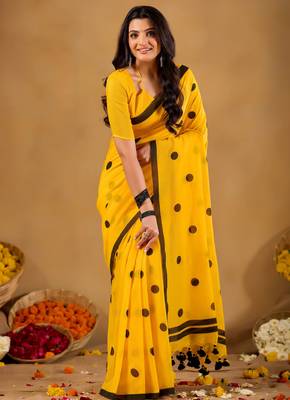 Raag varnam mustrad yellow handloom print cotton saree 1