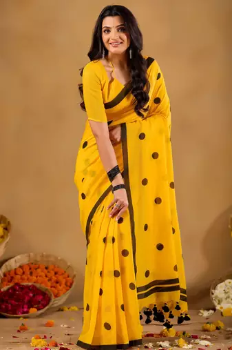 Raag varnam mustrad yellow handloom print cotton saree