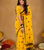 Raag varnam mustrad yellow handloom print cotton saree