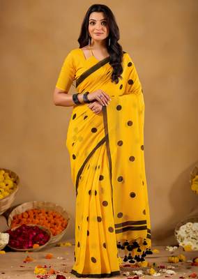Raag varnam mustrad yellow handloom print cotton saree 3
