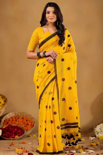 Raag varnam mustrad yellow handloom print cotton saree