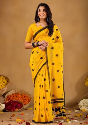 Raag varnam mustrad yellow handloom print cotton saree 4